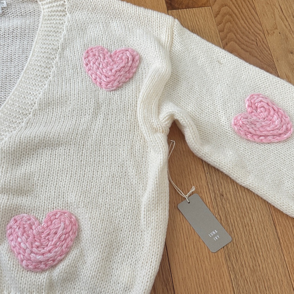 New Luna Ivy Cream Cardigan with Pink Heart Accents in Size Large - Picture 2 of 6
